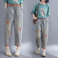 Contrasting Hole Denim Harem Pants Women