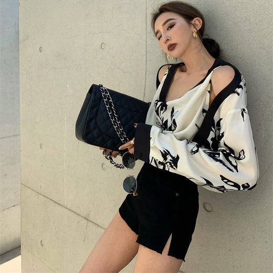 Fake Two Off-shoulder Floral Shirts For Women