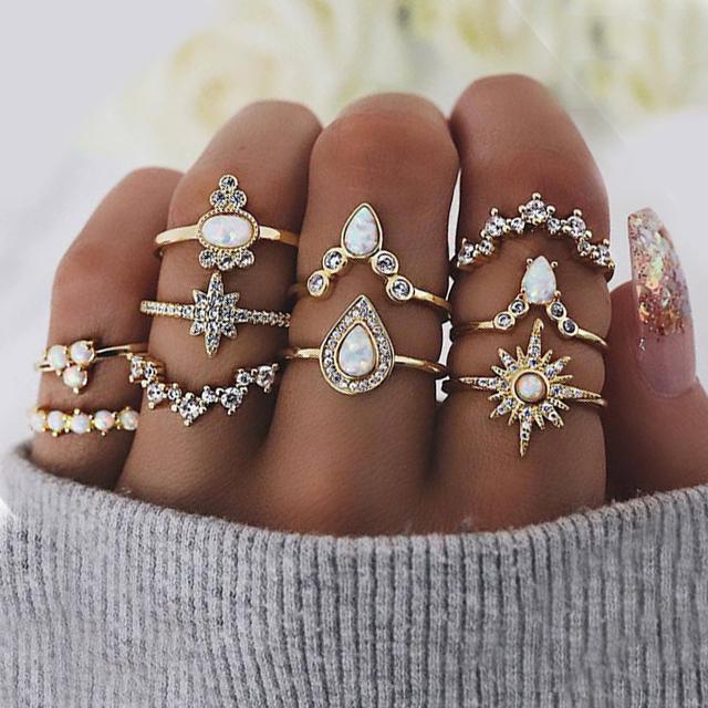 10 Piece Opal Created Ring Set With ® Crystals 18K Gold Plated Ring in