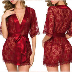 Lingerie Women Lace Hollow-out Robe Suits Pajamas